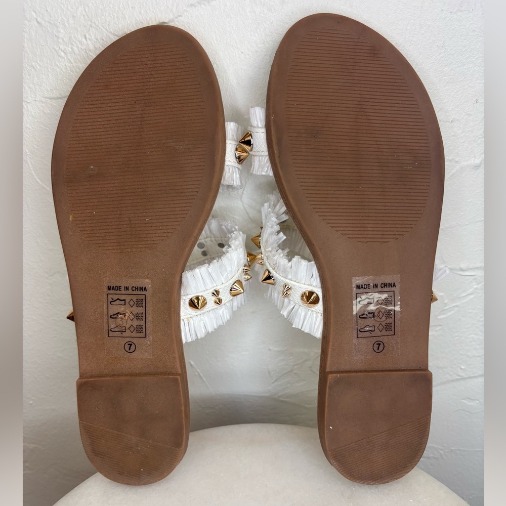 CAMEL THREADS White Gold Sandal Flats Shoes Raffia Gold Slip On 2 Strap Women 7 - Picture 8 of 8